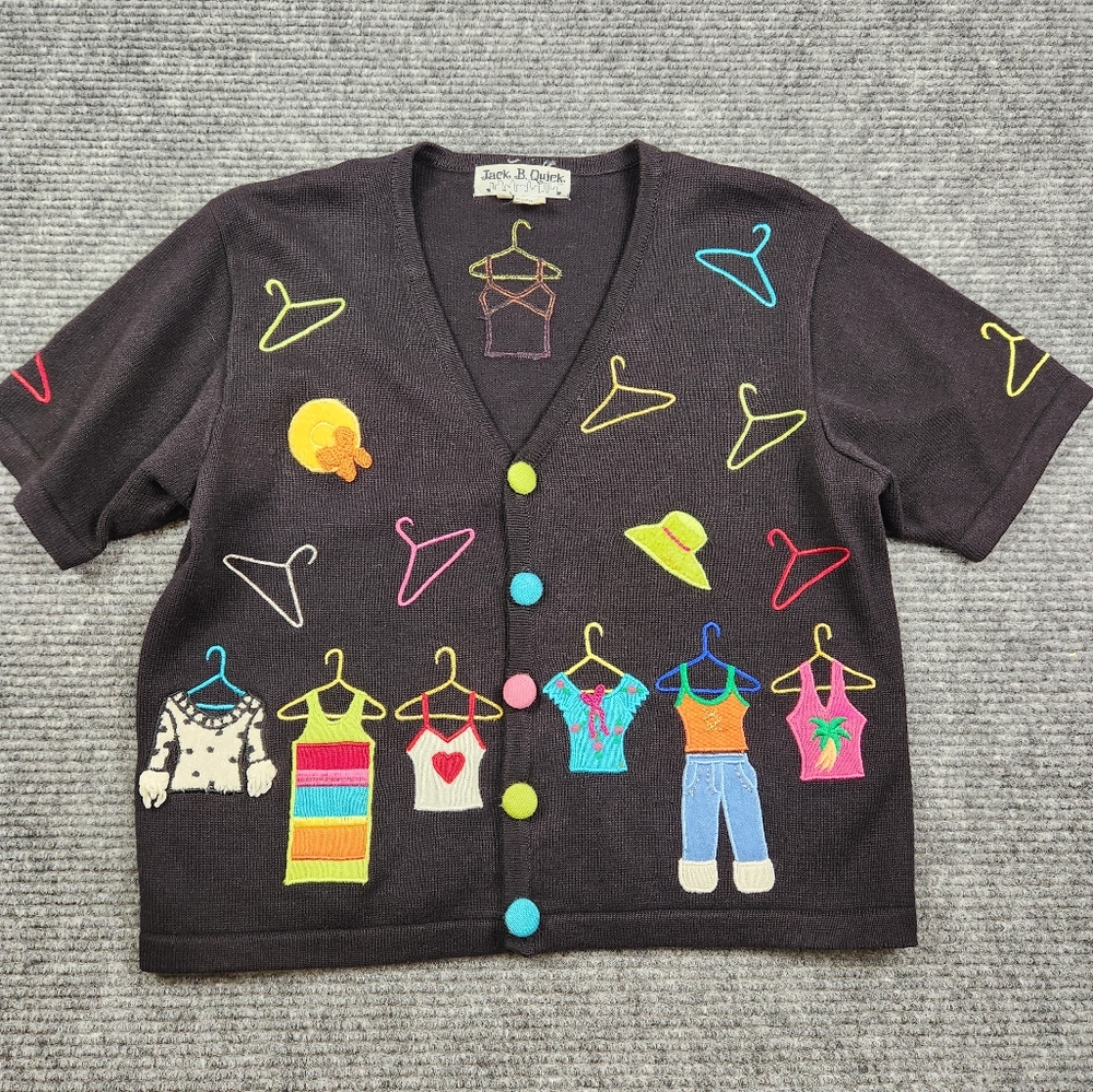 Jack B Quick Sz Med Black Cardigan  Vintage Knit Clothes Hanger Colorful Texture